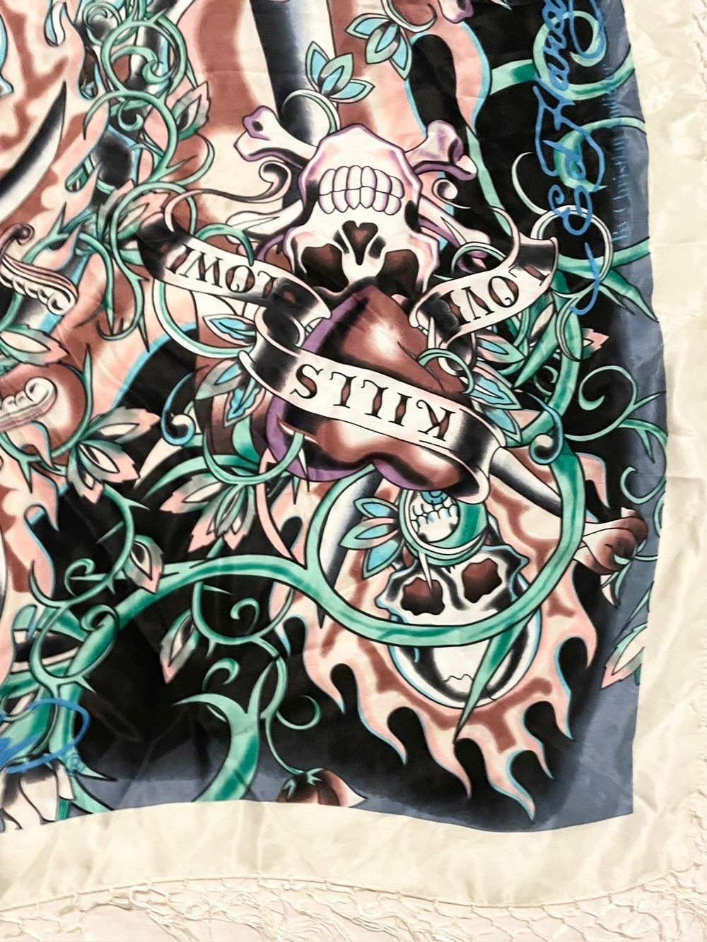 VTG Ed Hardy Christian Audigier Love Kills Slowly Fringe Silk Scarf Shawl - Picture 5 of 16